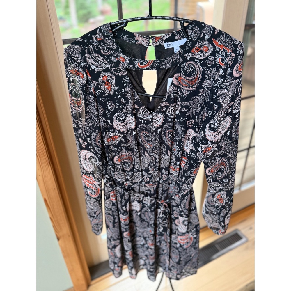 DR2 by Daniel Rainn Black Paisley Long Sleeve Mini Dress Cutout Back Medium NEW